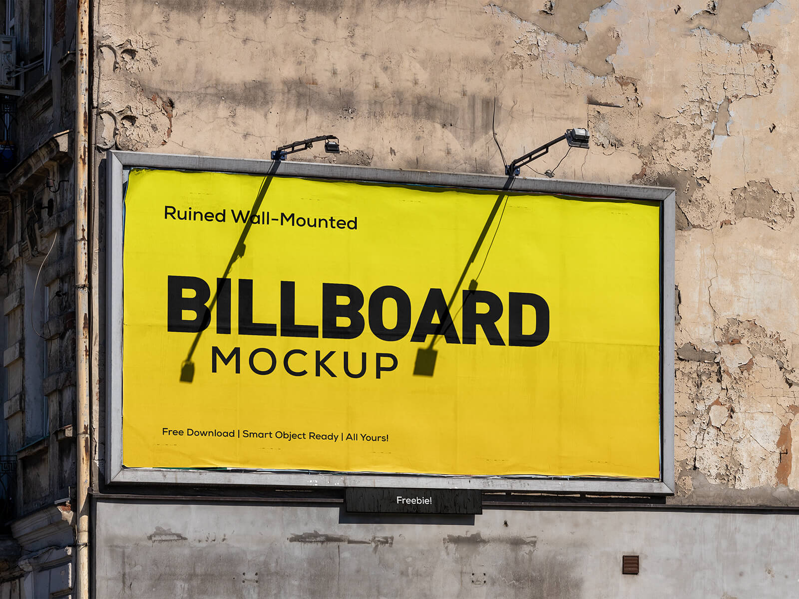 Free Ruined Wall-Mounted Billboard Mockup PSD