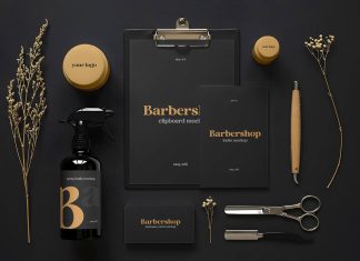 Free Barbershop Dark Stationery Branding Mockup PSD