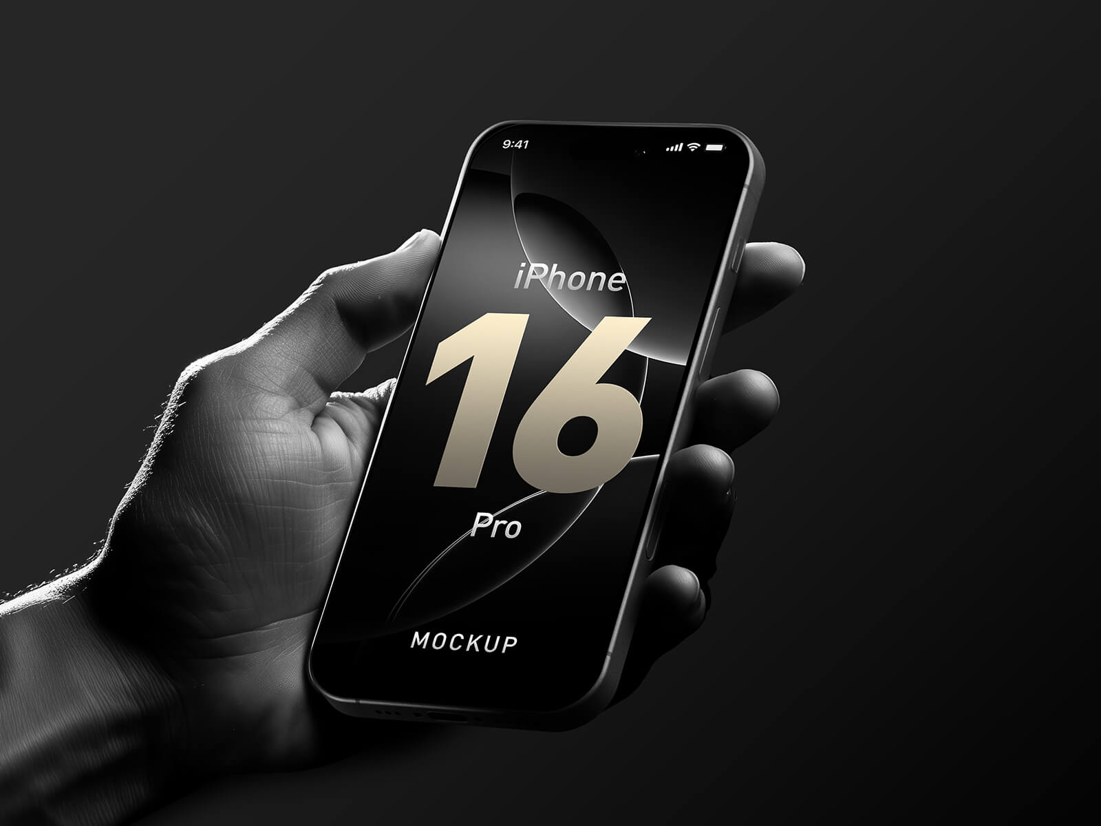 Free Dark Hand Holding iPhone 16 Pro Mockup PSD