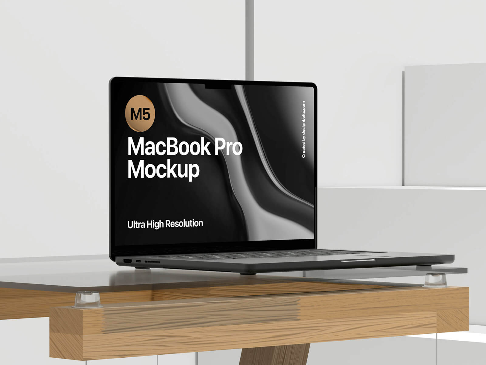 Free M5 MacBook Pro on Table Mockup PSD