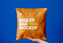 Free Square Hand Holding Paper Mailer Parcel Bag Mockup PSD