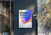 Free Building Wall Framed Poster Mockup PSD