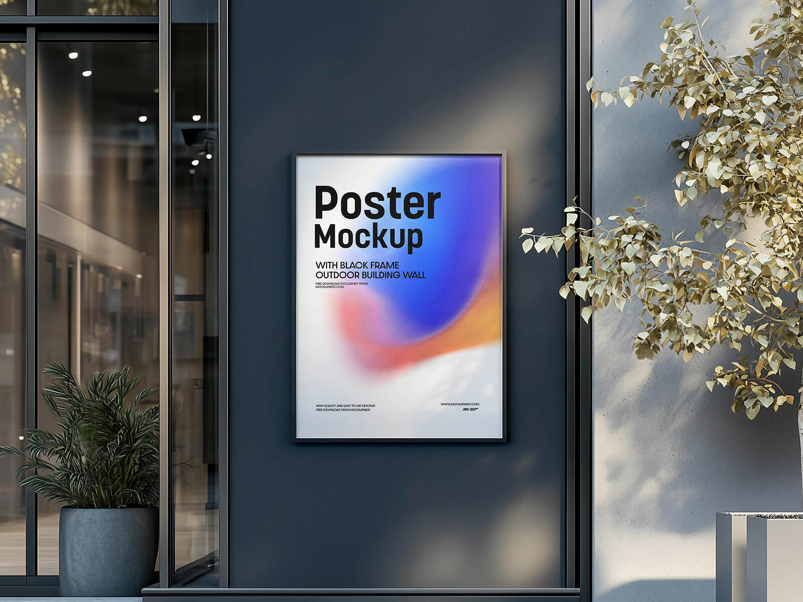 Free Building Wall Framed Poster Mockup PSD