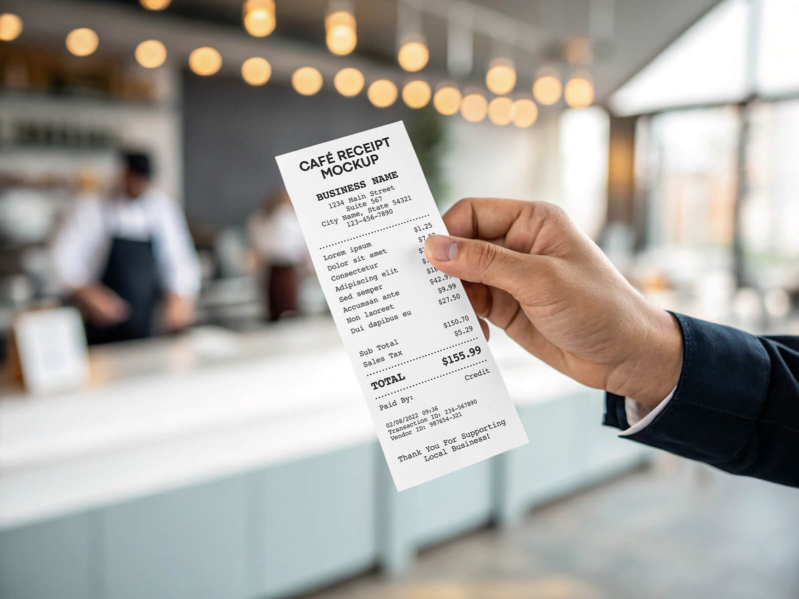 Free Hand Holding Restaurant / Café Receipt Mockup PSD