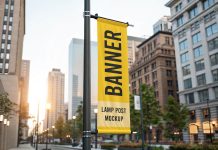 Free Outdoor Advertising Lamp Pole Banner Mockup PSD