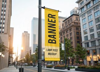 Free Outdoor Advertising Lamp Pole Banner Mockup PSD