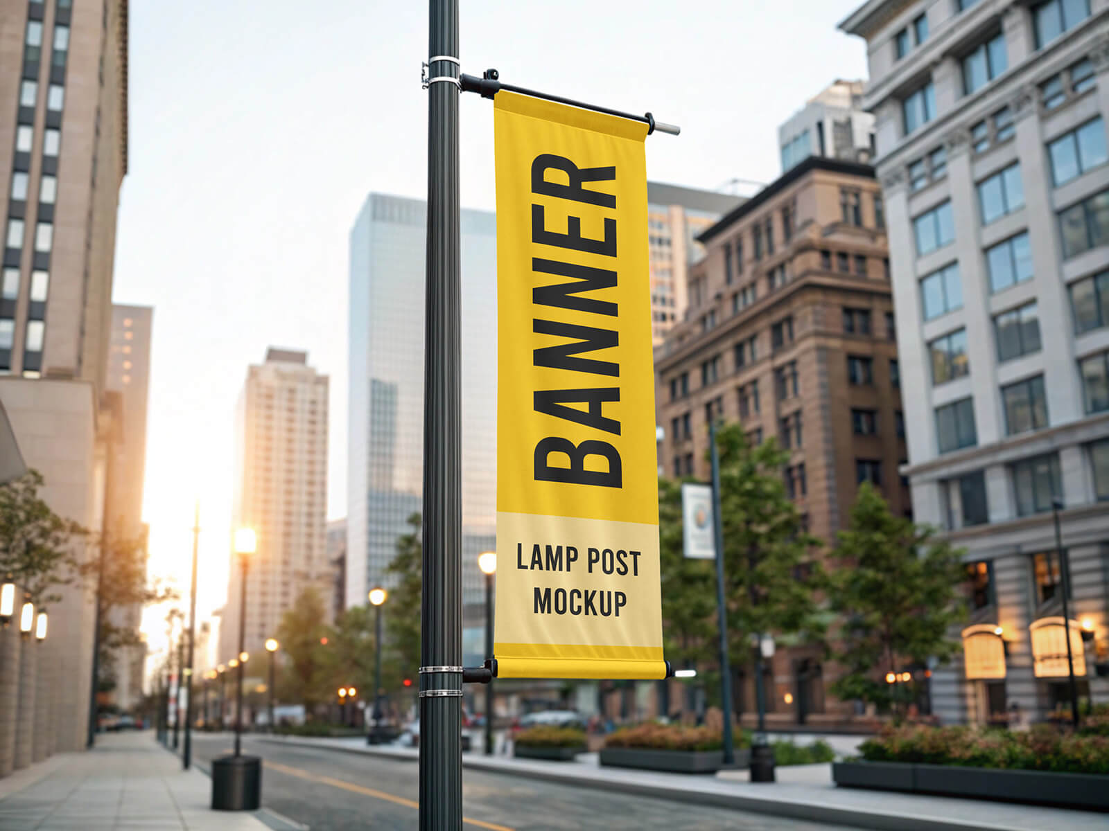 Free Outdoor Advertising Lamp Pole Banner Mockup PSD