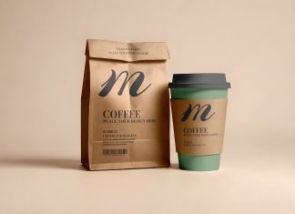 Free Coffee Kraft Paper Bag Pouch With Cup Mockup PSD