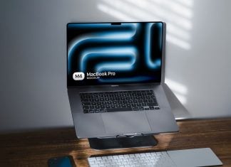 Free MacBook Pro on Stand Mockup PSD