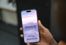 Free Hand Holding iPhone 16 Pro Mockup (PSD+Figma)