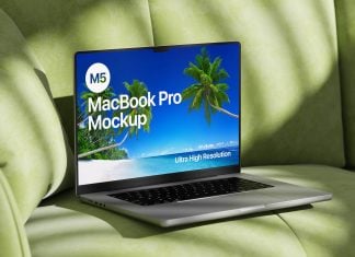 Free M5 MacBook Pro Mockup On Sofa PSD File