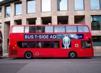 Free Red London Bus T-Side Ad Mockup PSD