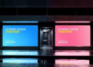 Free Glowing Screen Storefront Window Mockup PSD