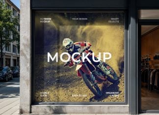 Free Square Storefront Full Window Poster Mockup PSD