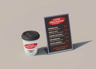 Free Coffee Cup With Table Menu Mockup PSD