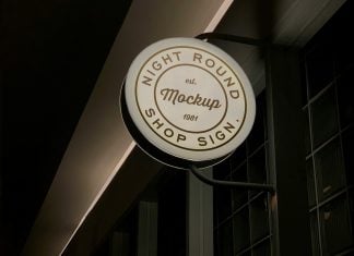 Free Night Round Shop Sign Mockup PSD