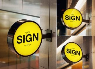 3 Free Night-lit Round Sign Mockup PSD Set