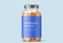 Free Glass Medical Jar With Tablets Mockup PSD