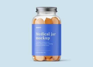 Free Glass Medical Jar With Tablets Mockup PSD