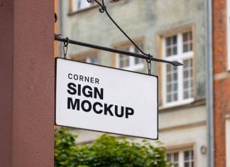 Free Hanging On Rod Corner Signboard Mockup PSD