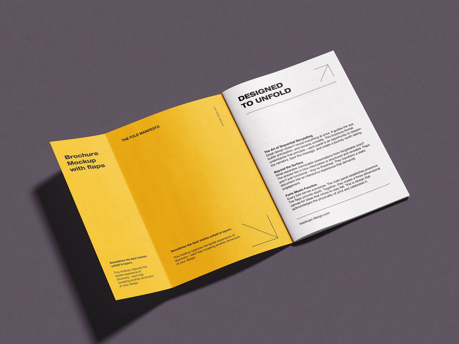 erspective view of standing A5 brochure with open gatefold flaps