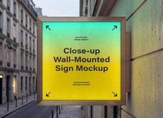 Free Close-Up Wall Mounted Square Sign Mockup PSD