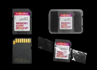 Free SD Memory Card Mockup With Tape & Box PSD Set