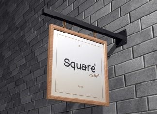 Free Square Signboard Mockup PSD With Wooden Frame