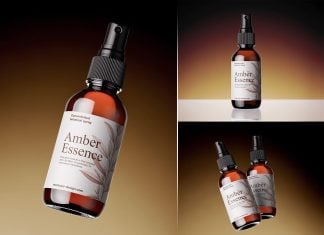 3 Free Amber Glass Spray Bottle Mockup PSD Set