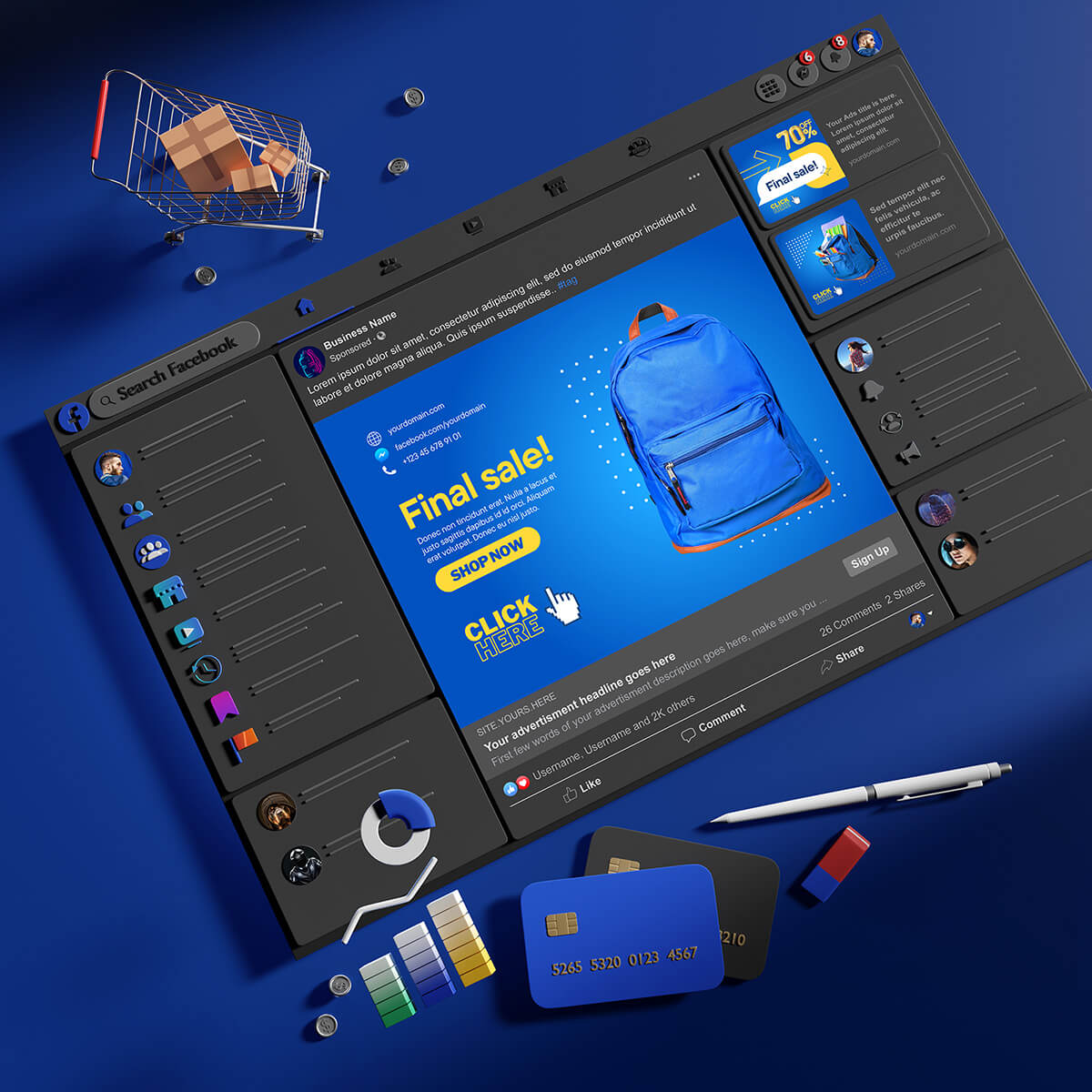 3 Free Premium 3D FaceBook Ad Mockup PSD Files Set