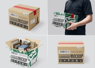 4 Free Shipping Carton Corrugated Box Mockup PSD Set