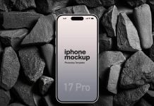 Free iPhone 17 Pro On Black Rocks Mockup PSD
