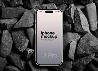 Free iPhone 17 Pro On Black Rocks Mockup PSD
