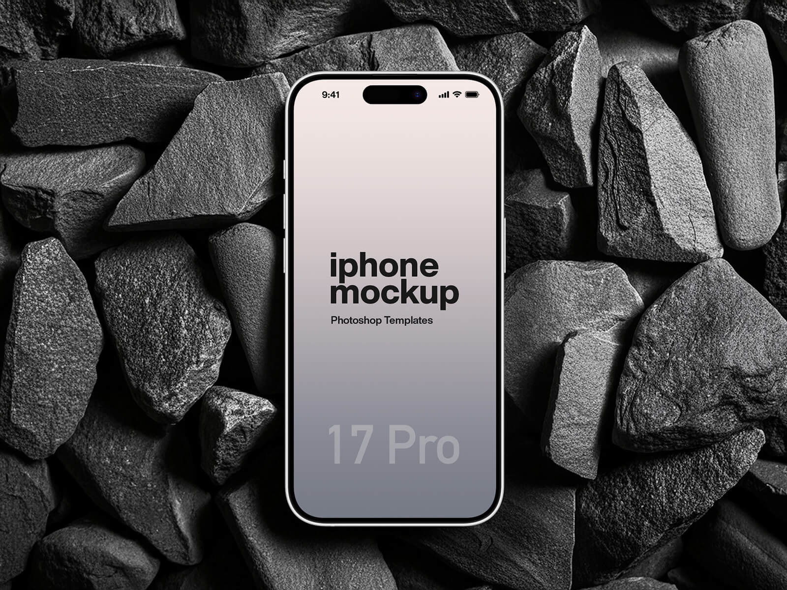Free iPhone 17 Pro On Black Rocks Mockup PSD