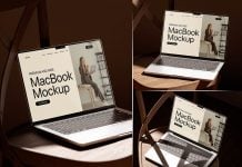 3 Free On Wooden Chair MacBook Pro Mockup PSD Files