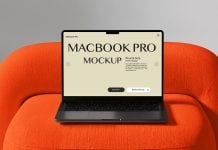 Free UHR MacBook Pro On Sofa Mockup PSD