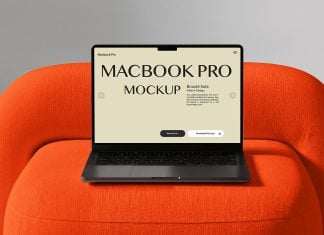 Free UHR MacBook Pro On Sofa Mockup PSD