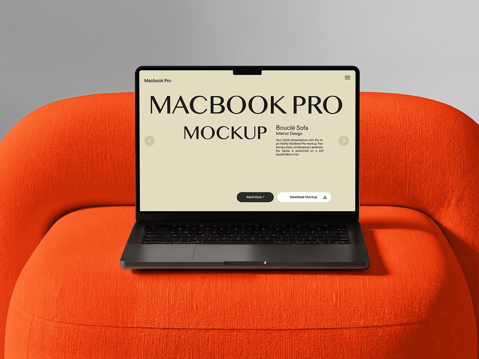 Free UHR MacBook Pro On Sofa Mockup PSD