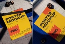 Free Paper Flyers On Cutting Mat Mockup PSD Set Free Paper Flyers On Cutting Mat Mockup PSD Set