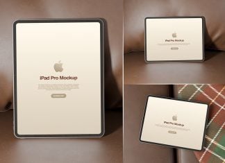 3 Free iPad Pro On Leather Sofa Mockup PSD Set Files