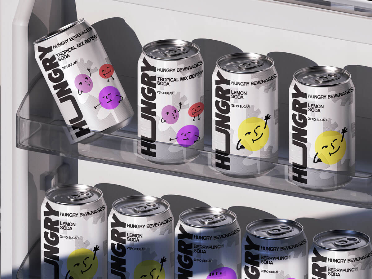 Free Soda Beverage Cans In the Fridge Shelf Mockup PSD