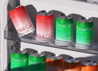 Free Soda Beverage Cans In the Fridge Shelf Mockup PSD