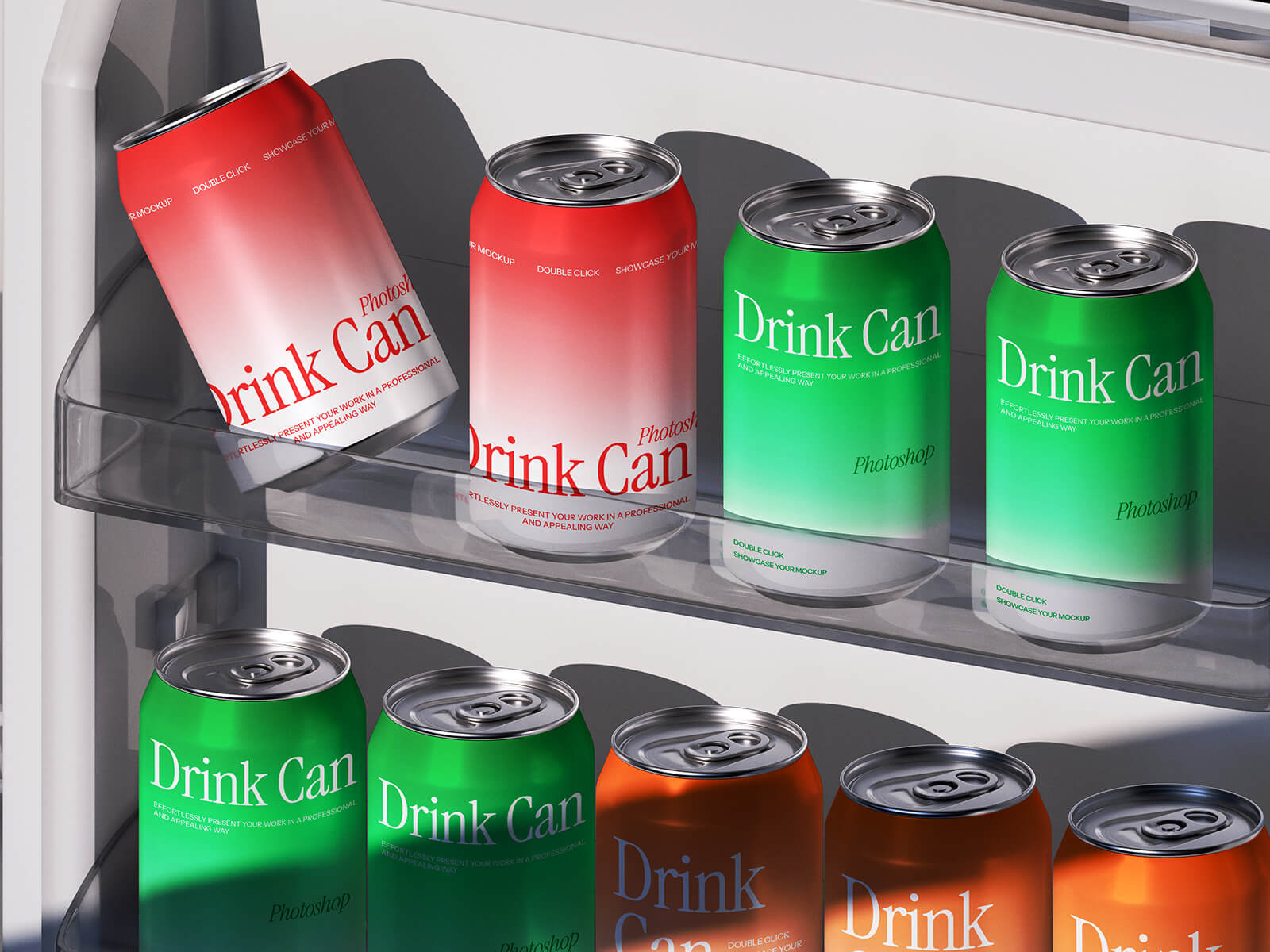 Free Soda Beverage Cans In the Fridge Shelf Mockup PSD