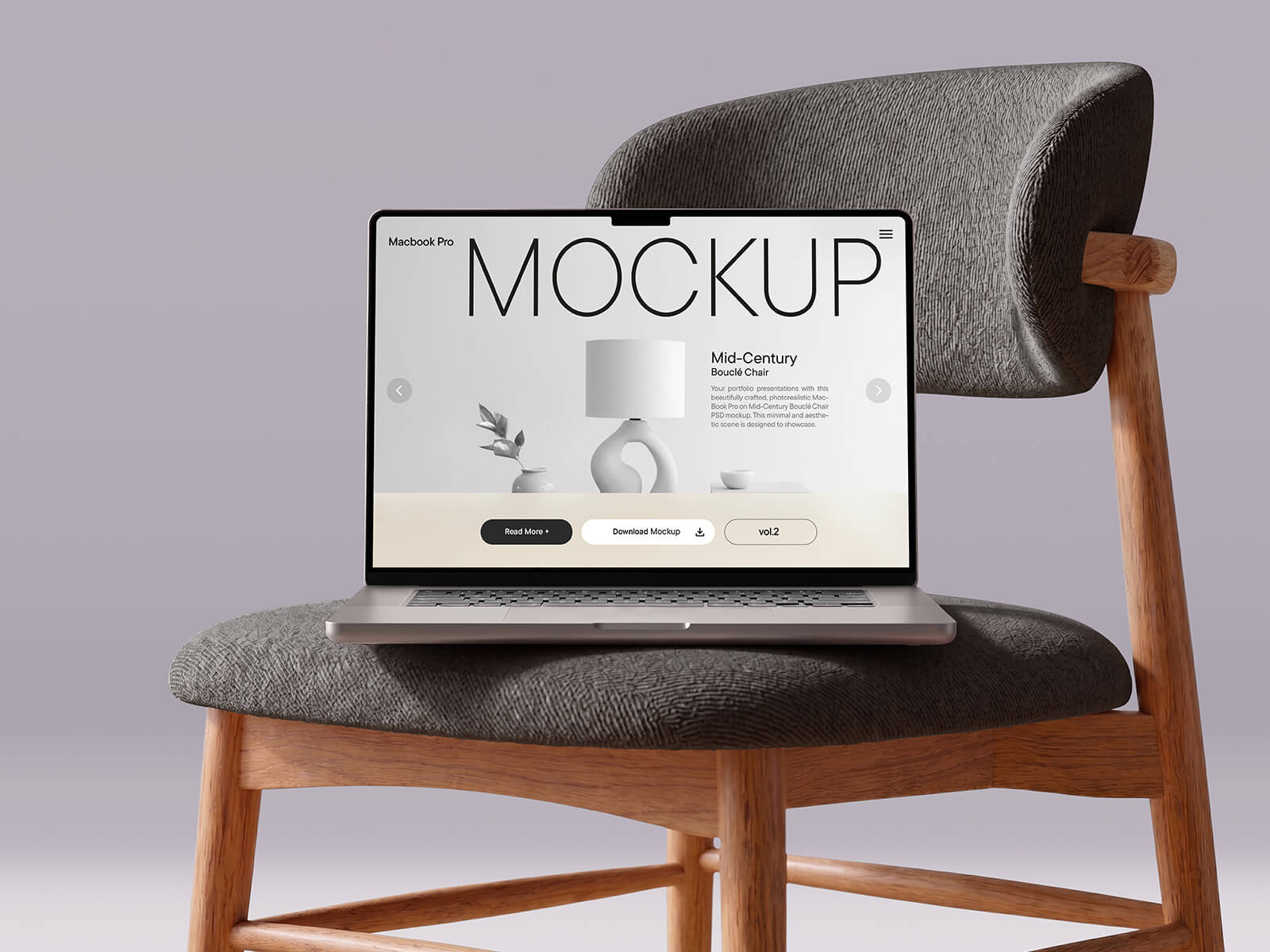 Free UHR MacBook Pro On Chair Mockup PSD