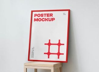 Free Photoframe On Wooden Stool Mockup PSD