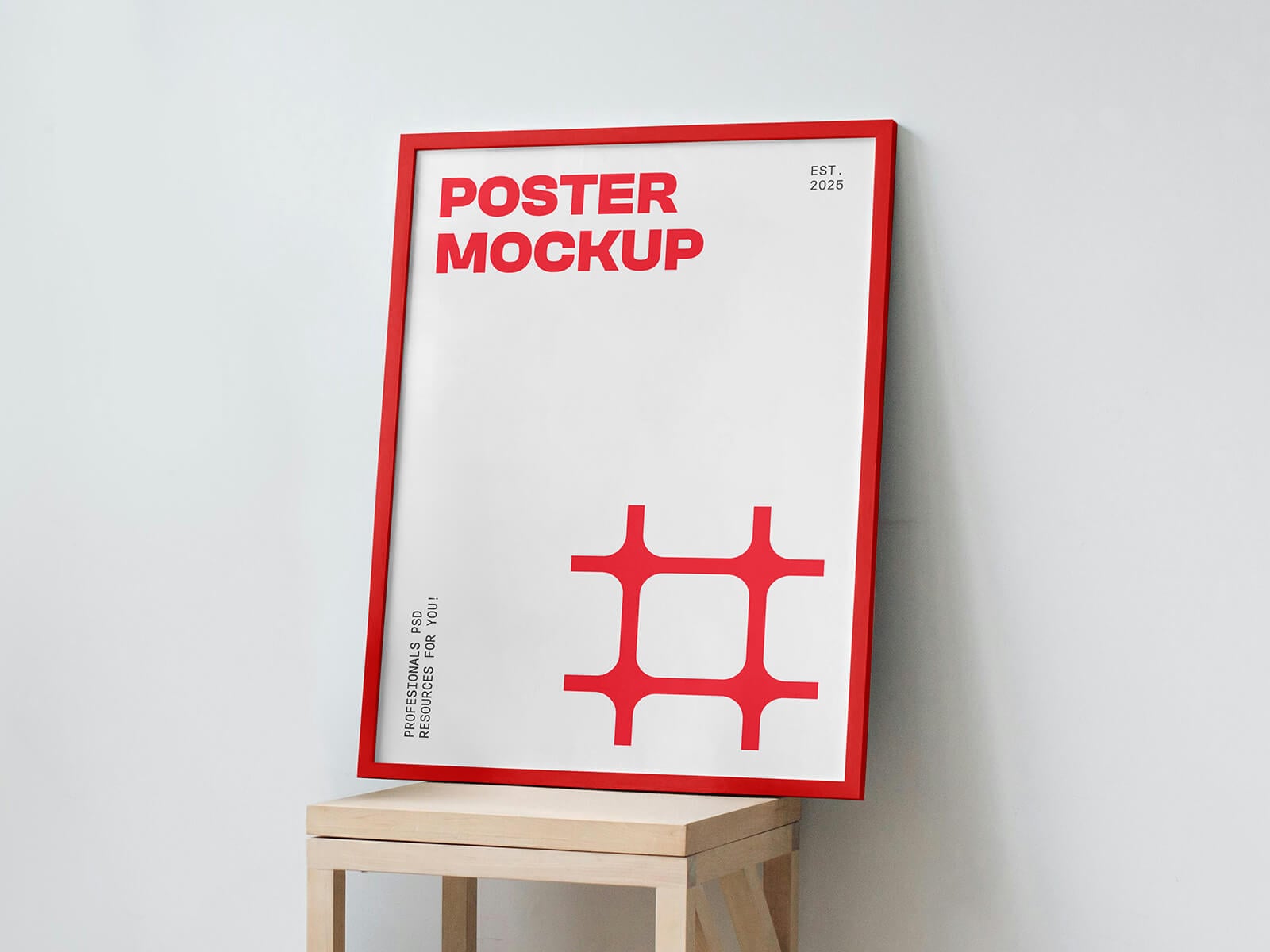 Free Photoframe On Wooden Stool Mockup PSD