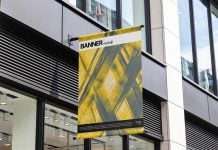 Free Vertical Hanging Banner Shop Sign Mockup PSD