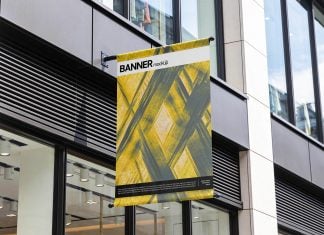 Free Vertical Hanging Banner Shop Sign Mockup PSD