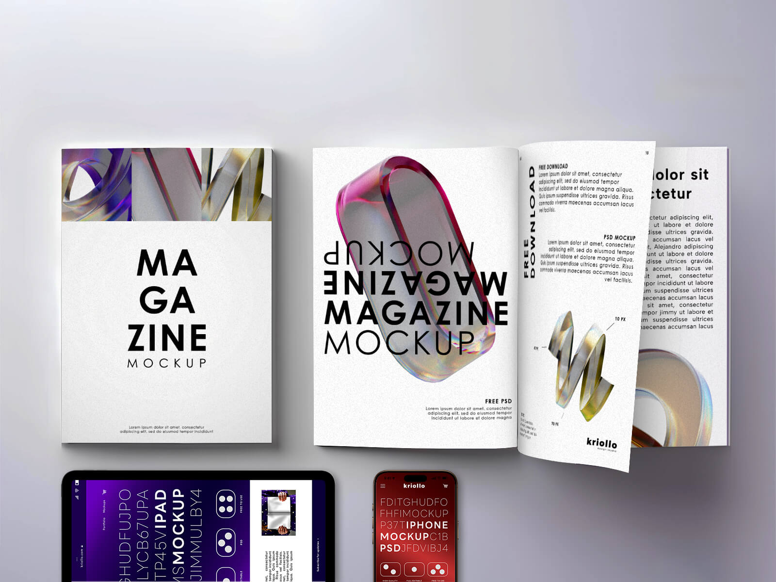Free Magazine With Apple Devices Mockup