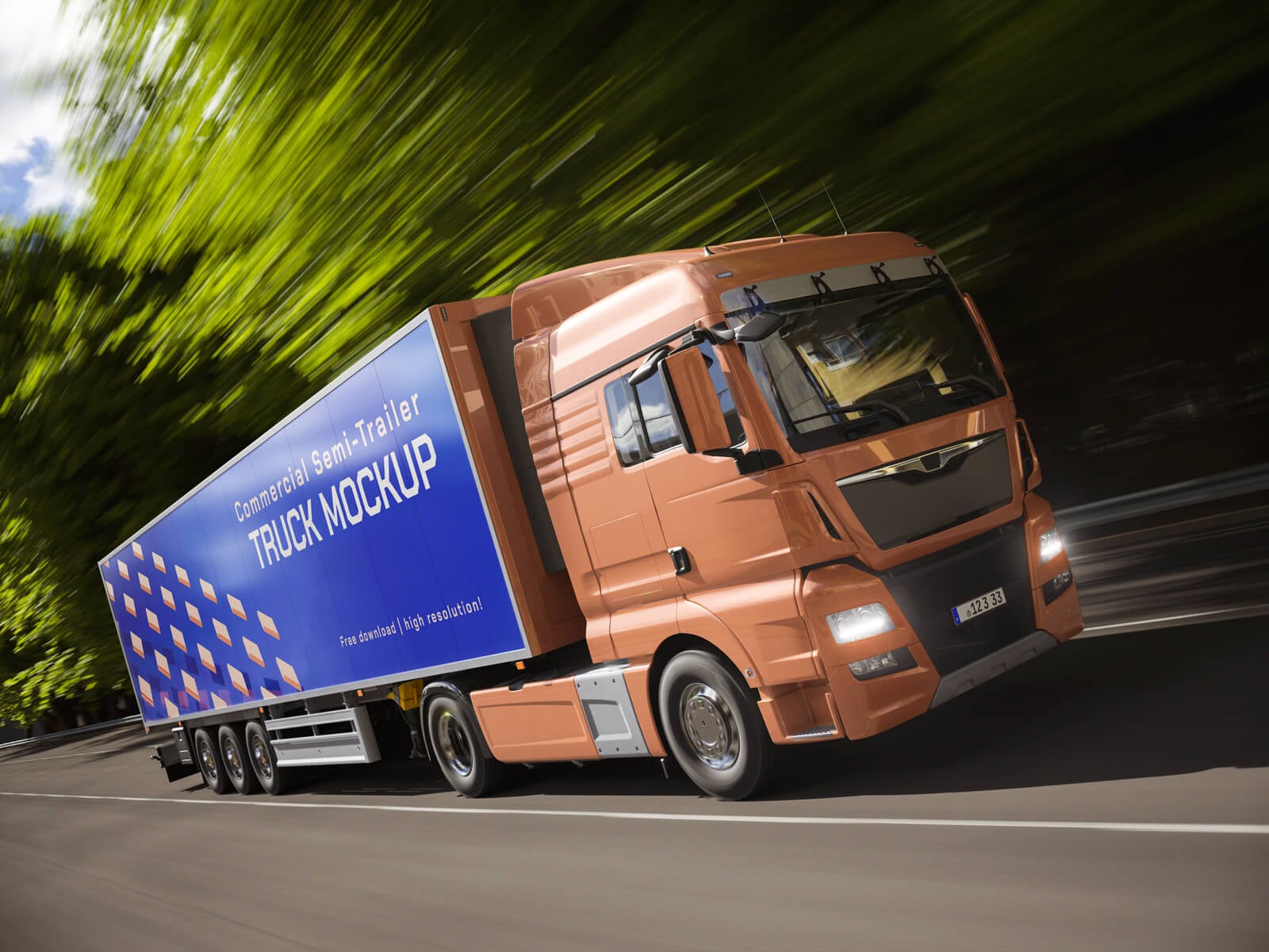 3 Free Heavy Duty Commercial Semi-Trailer Truck Mockup PSD